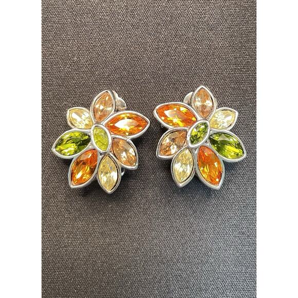 Swarovski Crystal Signed Green Amber & Yellow Daisy Flower Clip On Earrings 1" - Picture 1 of 5